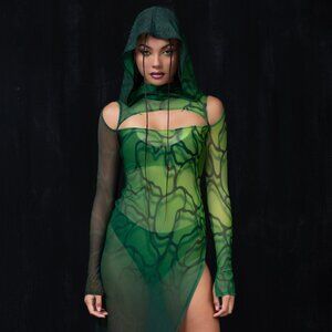 Badinka Acid Rain Green Mesh Hooded Dress Medium